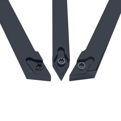 Three indexable tool holders from Carbide Turning Inserts Set DCMT21.51 070204 55 Degree With One Sixty Fourth Inch Radius And Three Thirty Second Inch Thick Ten Pack For Steel Cast Iron And Nonferrous Machining Includes Three Handy Indexable Tool Holders Plus T8 Wrenches.