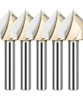 Image of a Five Piece 90 Degree V Groove Router Bit Set with One Quarter Inch Shank and Half Inch Cutter Diameter for Woodworking and CNC Engraving Carbide Tipped V Groove Bits for Precise 3D Milling and Carving, showing all five bits lined up.