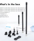 Carbon Fiber Extension Rod Kit With One Quarter Inch Adapter for third-person view cameras, showing rods and accessories.