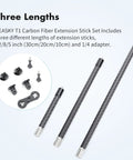 Carbon Fiber Extension Rod Kit With One Quarter Inch Adapter For Third Person View Cameras showing three rod lengths and accessories.
