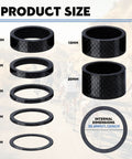 Carbon Fiber Bike Headset Spacers For One And One Eighth Inch Steerer Tube Seven Sizes with internal dimensions labeled
