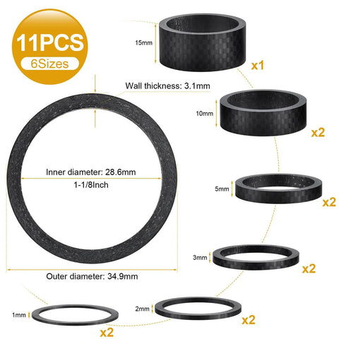 Diagram showcasing Eleven Piece Carbon Fiber Headset Spacers For One And One Eighth Inch Stems Matte Finish Precision Engineered