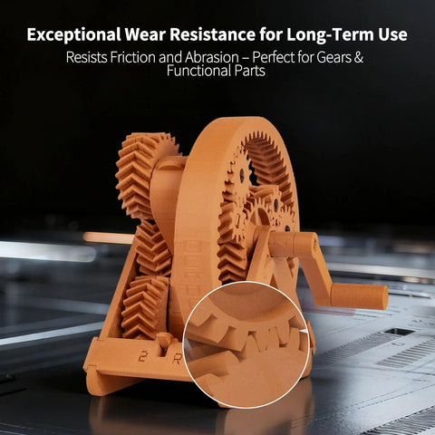 Carbon Fiber PETG Filament 1.75mm Matte Orange 1Kg for 3D printing gears showing high rigidity and dimensional stability.