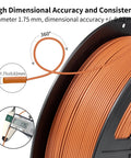 Close-up of Carbon Fiber PETG Filament 1.75mm Matte Orange 1Kg spool, highlighting dimensional accuracy and consistency features.