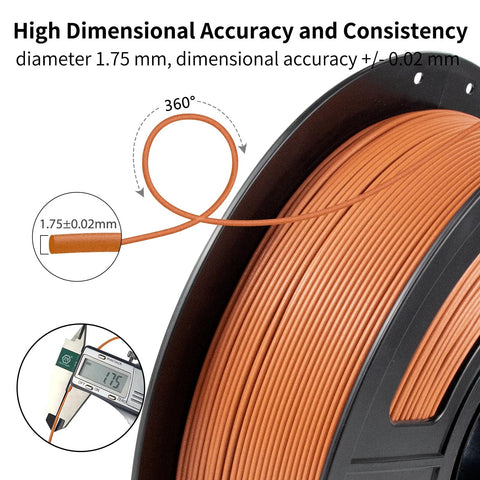 Close-up of Carbon Fiber PETG Filament 1.75mm Matte Orange 1Kg spool, highlighting dimensional accuracy and consistency features.