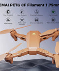 Carbon Fiber PETG Filament 1.75mm Matte Orange 1Kg for 3D Printing shown as a drone model with high rigidity and heat resistance features.