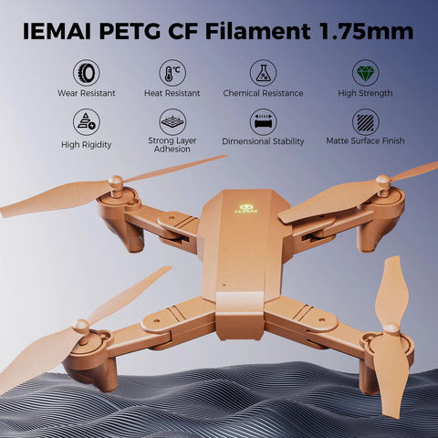 Carbon Fiber PETG Filament 1.75mm Matte Orange 1Kg for 3D Printing shown as a drone model with high rigidity and heat resistance features.