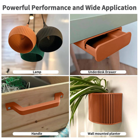 Carbon Fiber PETG Filament 1.75mm Matte Orange 1Kg for 3D Printing showing applications like lamps, drawers, handles, and planters.