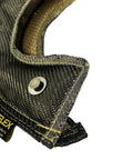 Close-up of Premium T4 Turbo Blanket Heat Shield Cover Wrap with locking springs for T4 Turbocharger, carbon fiber material.