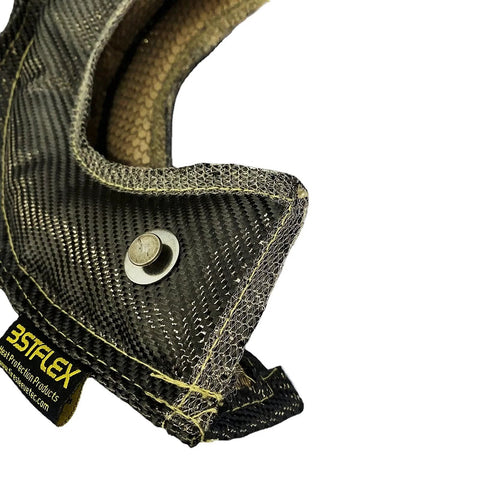 Close-up of Premium T4 Turbo Blanket Heat Shield Cover Wrap with locking springs for T4 Turbocharger, carbon fiber material.