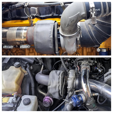 Premium T4 Turbo Blanket Heat Shield Cover Wrap With Locking Springs for T4 Turbocharger installed on engine