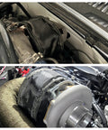 Premium T4 Turbo Blanket Heat Shield Cover Wrap with Locking Springs installed on engine for T4 Turbocharger, carbon fiber material