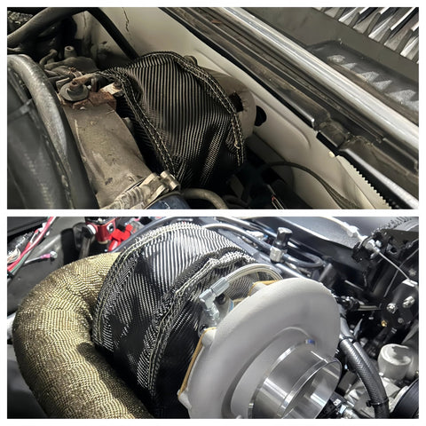 Premium T4 Turbo Blanket Heat Shield Cover Wrap with Locking Springs installed on engine for T4 Turbocharger, carbon fiber material