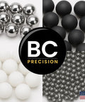 BC Precision logo with various ball bearings; includes Six Pack Large Three Quarter Inch Carbon Steel Ball Bearings Built For Beefy Heavy Duty Industrial Use.