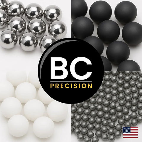 BC Precision logo with various ball bearings; includes Six Pack Large Three Quarter Inch Carbon Steel Ball Bearings Built For Beefy Heavy Duty Industrial Use.