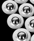 Close-up of 20 Pcs 5/8 Inch Roller Drop In Ball Transfer Bearings Carbon Steel Round Ball Units for conveyors in a grid pattern.
