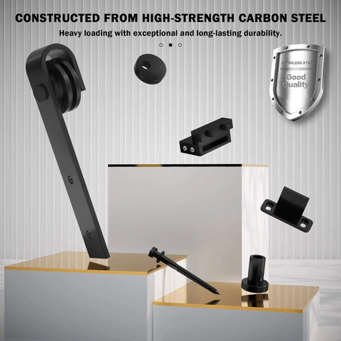 Components of 4FT Sliding Barn Door Hardware Kit for Single Doors up to 24 Inch, featuring heavy duty carbon steel track and nylon rollers