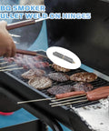 Grilling burgers and sausages on BBQ with 4 Pcs 4 Inch BBQ Smoker Bullet Weld On Hinges in focus, heavy-duty carbon steel hinge inset.