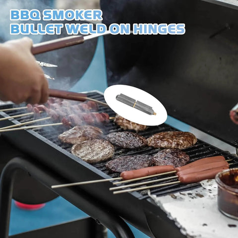 Grilling burgers and sausages on BBQ with 4 Pcs 4 Inch BBQ Smoker Bullet Weld On Hinges in focus, heavy-duty carbon steel hinge inset.