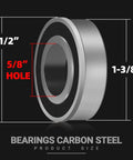 Diagram of carbon steel bearing showing dimensions; labeled 5/8 inch hole and 1-3/8 inch diameter for Four Pack Carbon Steel Bearings With Five Eighths Inch Bore Replacement For Lawn Mowers Wheelbarrows Carts And Hand Trucks Inner Diameter Five Eighths Inch Outer Diameter One And Three Eighths Inch.