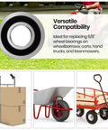 Four Pack Carbon Steel Bearings With Five Eighths Inch Bore Replacement shown with lawn mower, wheelbarrow, cart, and hand truck