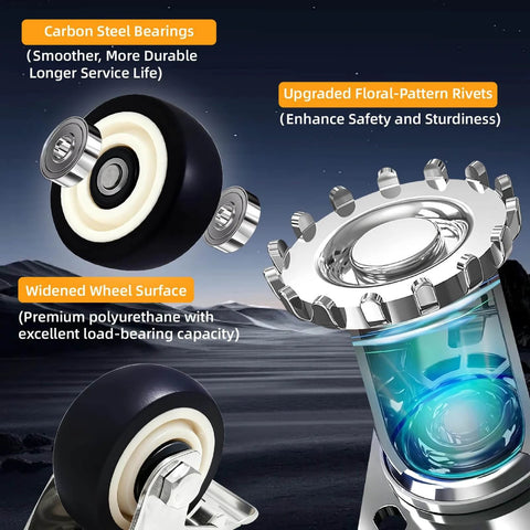 Close-up view of stainless steel 3 inch heavy duty caster wheels with rust proof 304 swivel design, featuring carbon steel bearings.