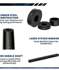 52 In 1 Bushing Driver Set And Bearing Press Tool Kit With Puller, Seal And Race Driver For Transmission Wheel Axle Bearings, showcasing carbon steel discs with laser-etched markings.