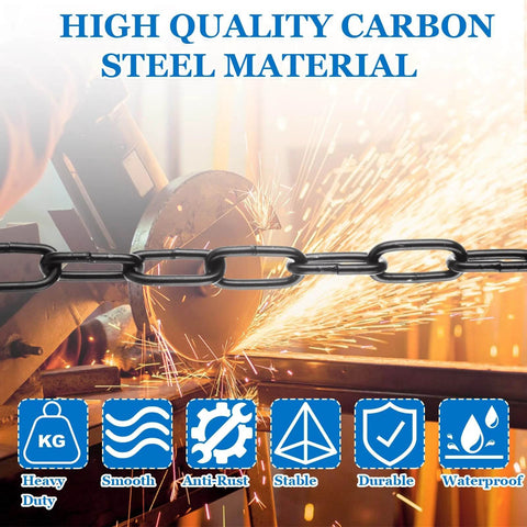 ✝️ 26.24 ft Length Black Chain Link, 1/8 Inch Carbon Steel Chain being cut with sparks; suited for outdoor fence, gate, and garage use.