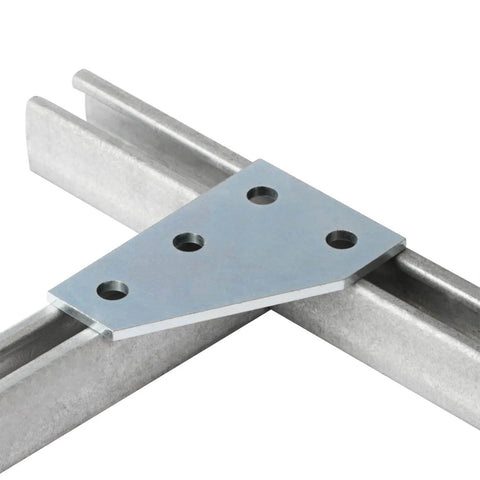 Durable carbon steel 4-pc flat plate fittings for 1-5/8 inch strut channel, 4-hole corner gusset brackets with 7/32 inch thickness, installed view