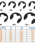 E Clip Circlip Snap Ring Assortment Set 15 Sizes From 1mm To 11mm 300 Pcs Carbon Steel External Retaining Rings For Shafts With Black Oxide Finish