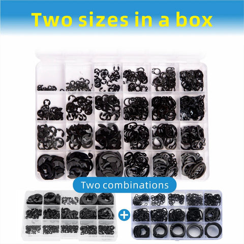 324 Piece E Clips And Snap Ring Kit In Carbon Steel For Heavy Duty Use showing assortment in box with 24 sizes labeled