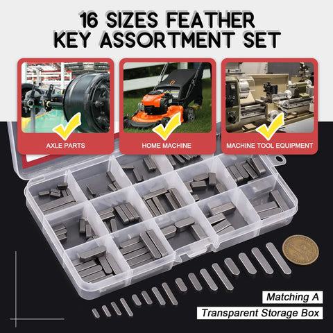 Pro Grade Carbon Steel Round Ended Feather Key Set Kit With 140Pcs In 16 Sizes in storage box next to machinery images