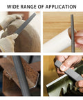 Efficient 3 piece 8 inch metal file set demonstrating various applications on wood, plastic, and metal surfaces