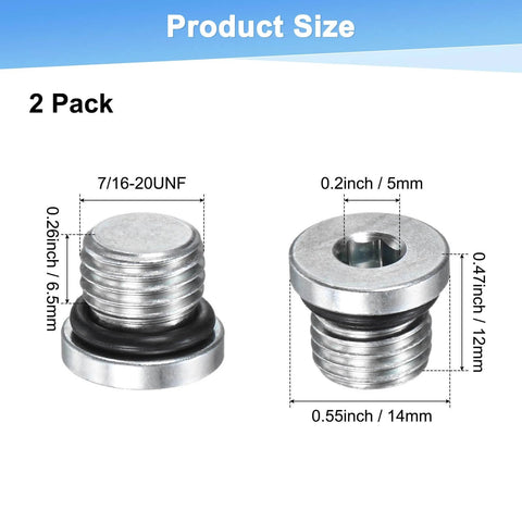 6 Pack 7/16-20 UNF Inner Hex Head Pipe Plug, Carbon Steel Socket Fitting with O Ring Seal, product dimensions and size details