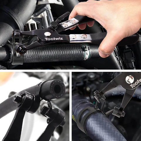 Heavy Duty Hose Clamp Pliers with Locking Device and Non Slip Handle for Easy Removal and Installation of Ring Type and Flat Band Clamps Up To 1.38 Inches 35mm Carbon Steel Construction Designed For Automotive And HVAC Applications With Durable Carbon in use on hose.