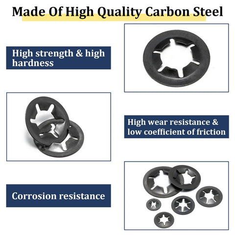Internal Tooth Star Lock Washers Kit M2.5 To M12 Push Nuts 500 Pcs showing carbon steel washers with high strength and corrosion resistance.