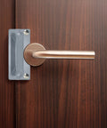 Installed view of Four Pack Latch Guard Plate Covers 3 By 7 Inches Carbon Steel With Screws Gaskets And Nuts Easy To Install Door Lock Protector Striker Cover For Outswing Exterior Doors Included Pack Of Four For Multiple Doors on wooden door.