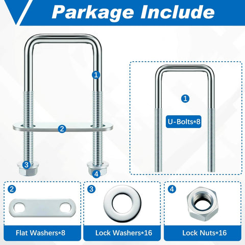 Square U Bolts M8 Set Carbon Steel With Nuts Washers And Frame Plates For 40mm Square Tubing And Sailboat Trailers Industrial Hardware Kit Includes 8 U Bolts 16 Washers 16 Nuts And 8 Frame Plates visible with components