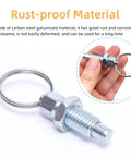 Carbon Steel Pull Ring Indexing Plungers Set Of Six With Retractable Spring Mechanism and Quick Release Pins shown close-up.