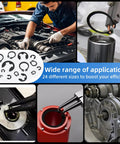 Collage of 900 Piece Carbon Steel Retaining Rings Set with 24 Size C Clips and E Clips, used in auto repair and machinery maintenance.