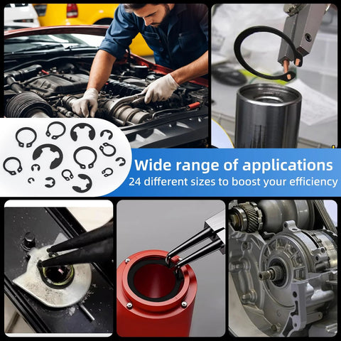 Collage of 900 Piece Carbon Steel Retaining Rings Set with 24 Size C Clips and E Clips, used in auto repair and machinery maintenance.