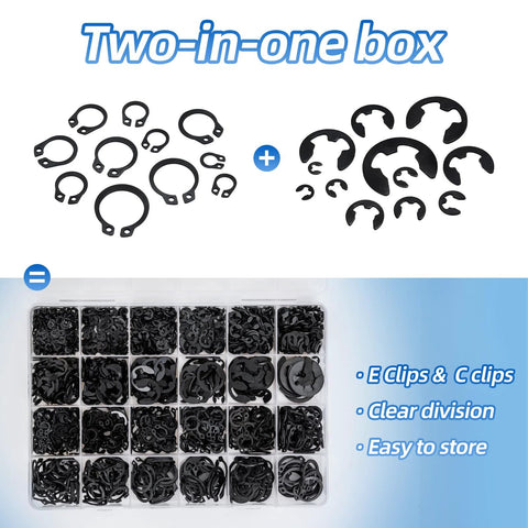 900 Piece Carbon Steel Retaining Rings Set With 24 Size C Clips And E Clips Assortment Kit in organized storage box.