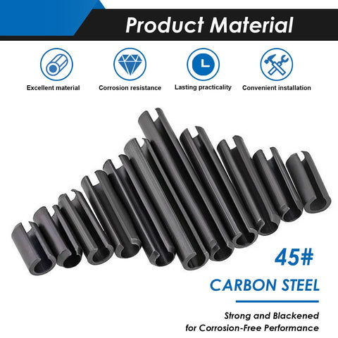Roll Pin Assortment Kit With 440 Slotted Spring Pins In 13 Sizes M1.5 To M6, Carbon Steel With Black Oxide Finish