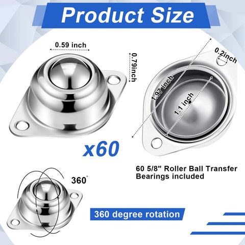 Product size and dimensions of 60 Count 5/8 Inch Roller Ball Transfer Bearings In Carbon Steel With Round Ball Bearings