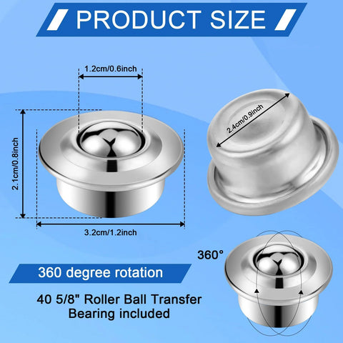 Diagram showing Bulk Forty Pack Five Eighths Inch Roller Ball Transfer Bearings In Carbon Steel with size and rotation details.