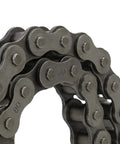 Close-up of Ten Feet Long 80 Roller Chain ANSI No 80 Carbon Steel With 120 Links And One Connecting Link Heat Treated for industrial use.