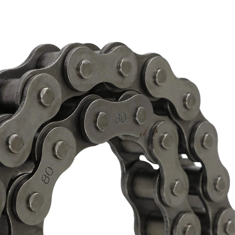 Close-up of Ten Feet Long 80 Roller Chain ANSI No 80 Carbon Steel With 120 Links And One Connecting Link Heat Treated for industrial use.