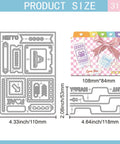 Two Sets Dope Folder Slide Die Cuts For Scrapbooking And Card Making With Carbon Steel Cutting Dies Label Clip Greeting Film Postage Stamp Templates For DIY Embossing And Papercraft Projects displayed with dimensions and designs.