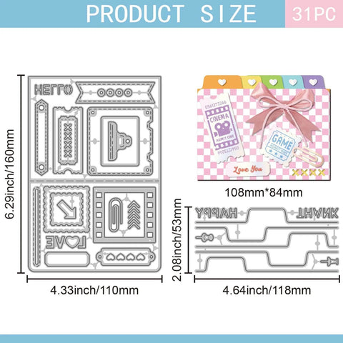 Two Sets Dope Folder Slide Die Cuts For Scrapbooking And Card Making With Carbon Steel Cutting Dies Label Clip Greeting Film Postage Stamp Templates For DIY Embossing And Papercraft Projects displayed with dimensions and designs.