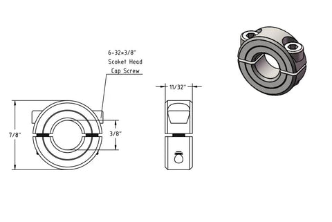Technical drawing of Double Split Shaft Collar in Carbon Steel with 4 inch length, 3/8 inch bore for heavy duty machinery and industrial use.